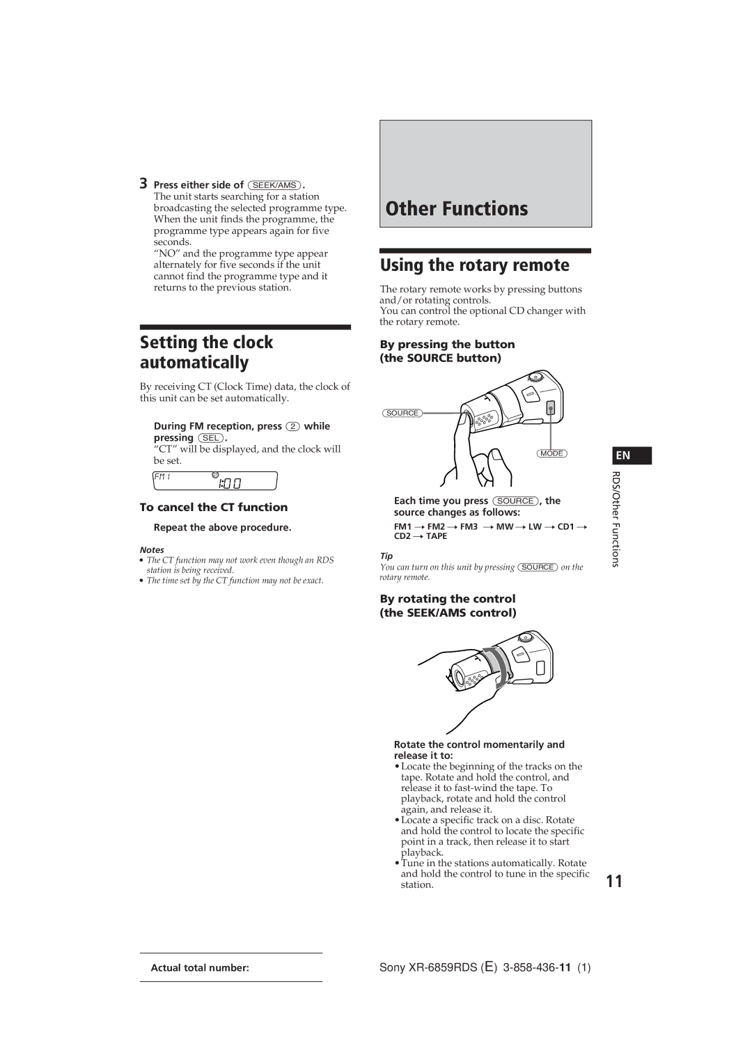 Sony XR-6859RDS operating instructions Other Functions, Using the rotary remote, Setting the clock automatically 