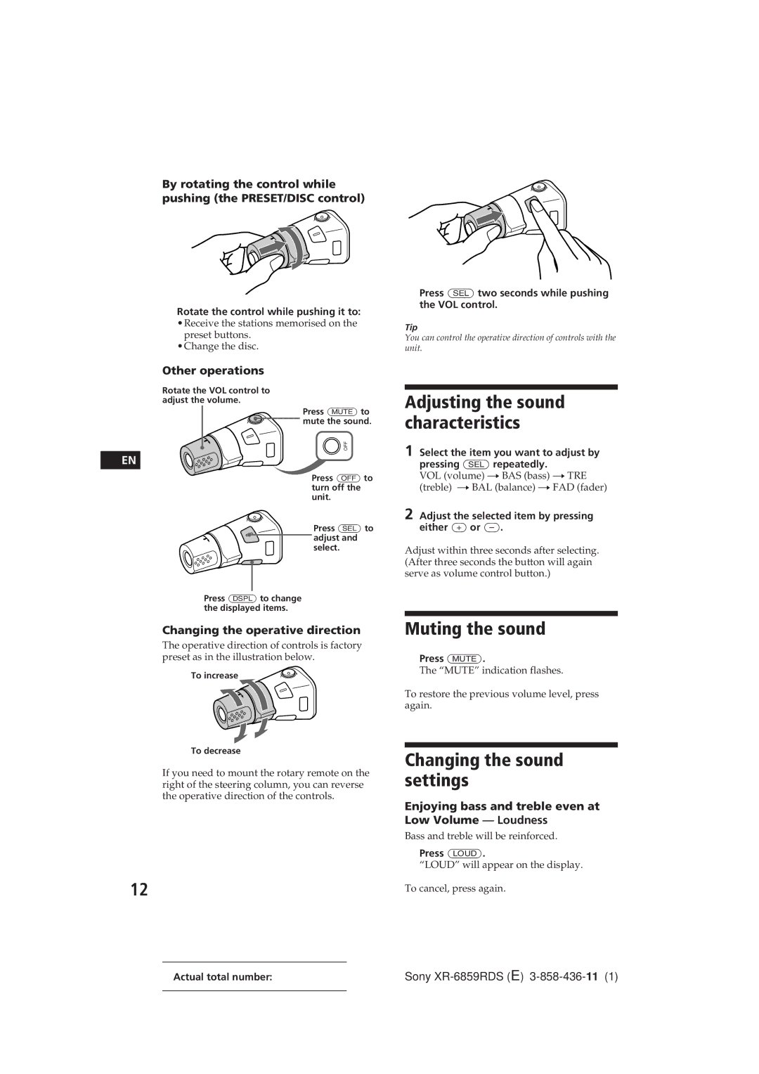 Sony XR-6859RDS operating instructions Muting the sound, Changing the sound settings, Adjusting the sound characteristics 