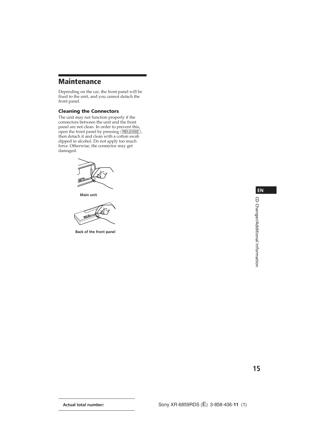 Sony XR-6859RDS operating instructions Maintenance, Cleaning the Connectors 