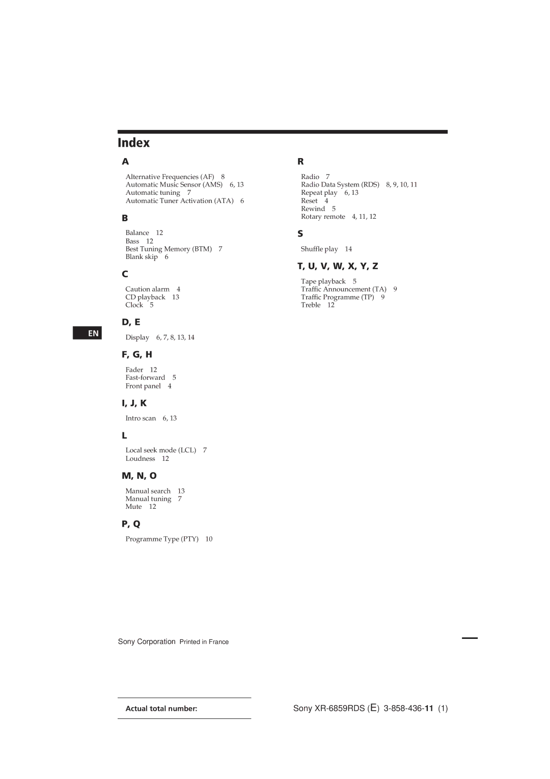 Sony XR-6859RDS operating instructions Index, V, W, X, Y, Z 