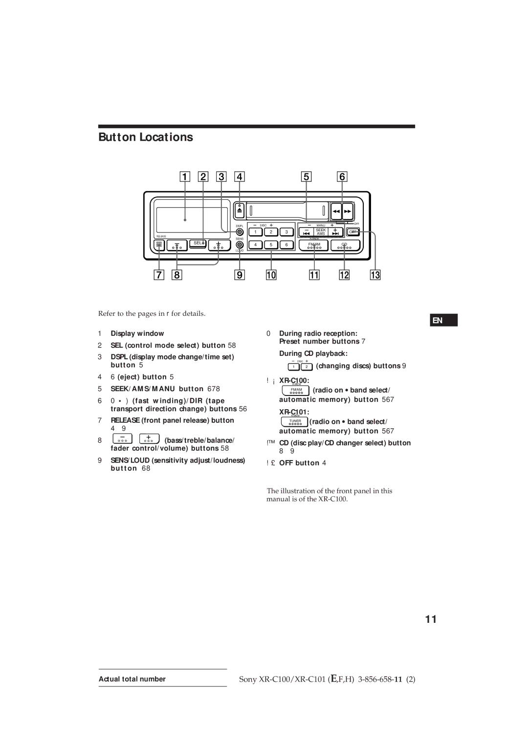 Sony Button Locations, During CD playback, Changing discs buttons ¡ XR-C100, Automatic memory button XR-C101 