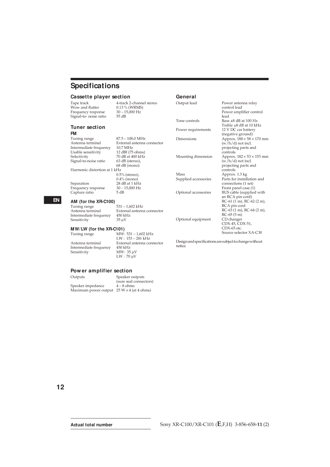 Sony operating instructions Specifications, Cassette player section, Power amplifier section, MW/LW for the XR-C101 