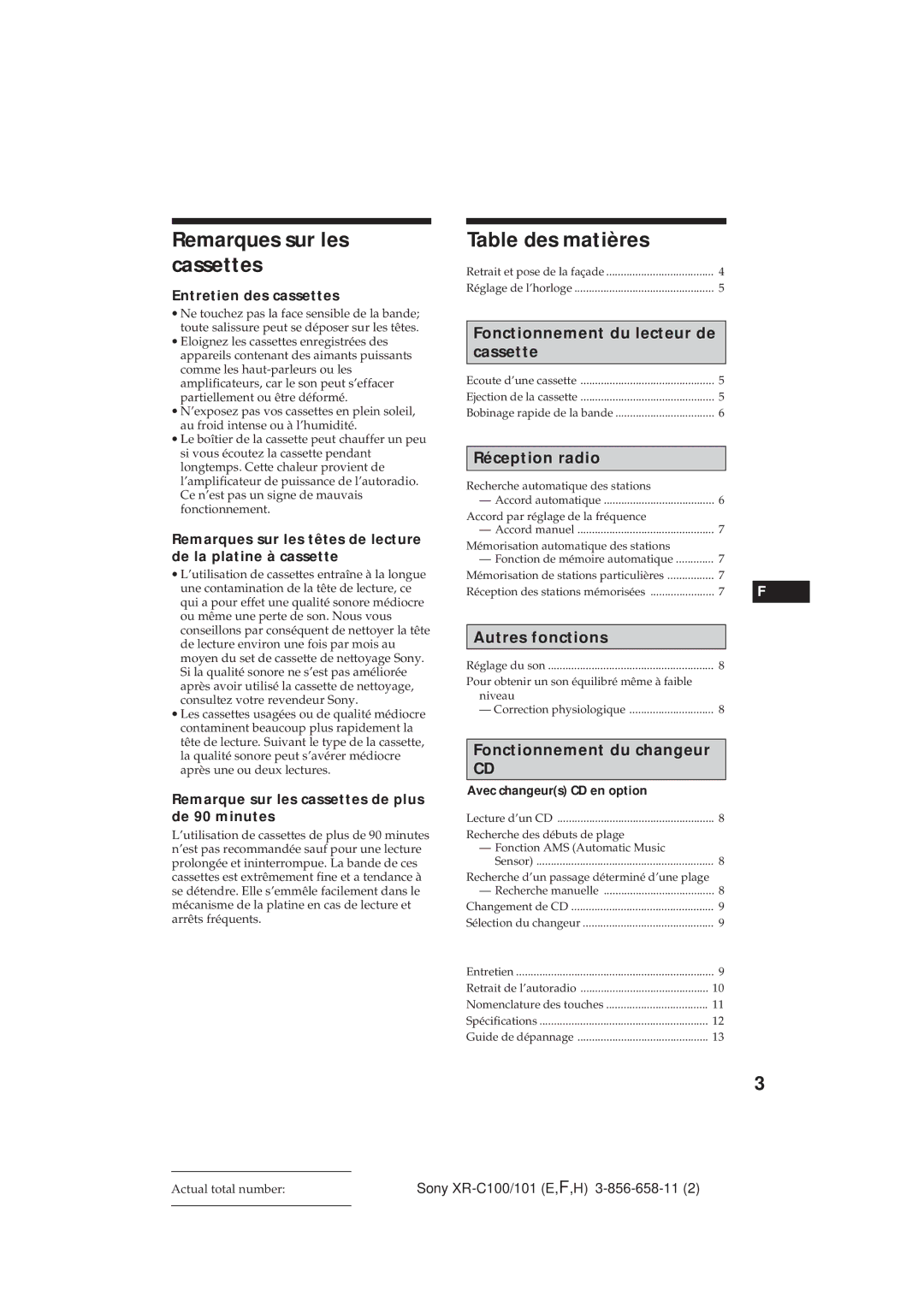 Sony XR-C101 operating instructions Remarques sur les cassettes, Table des matières, Entretien des cassettes 