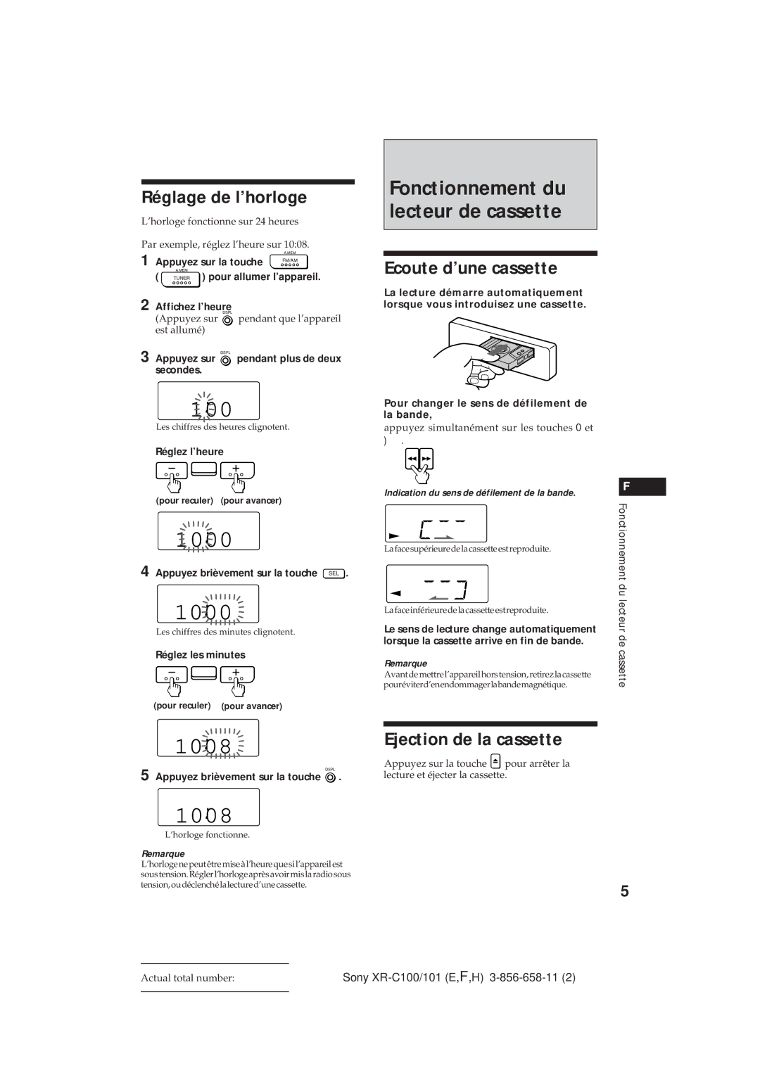 Sony XR-C101 operating instructions Réglage de l’horloge, Ecoute d’une cassette, Ejection de la cassette 