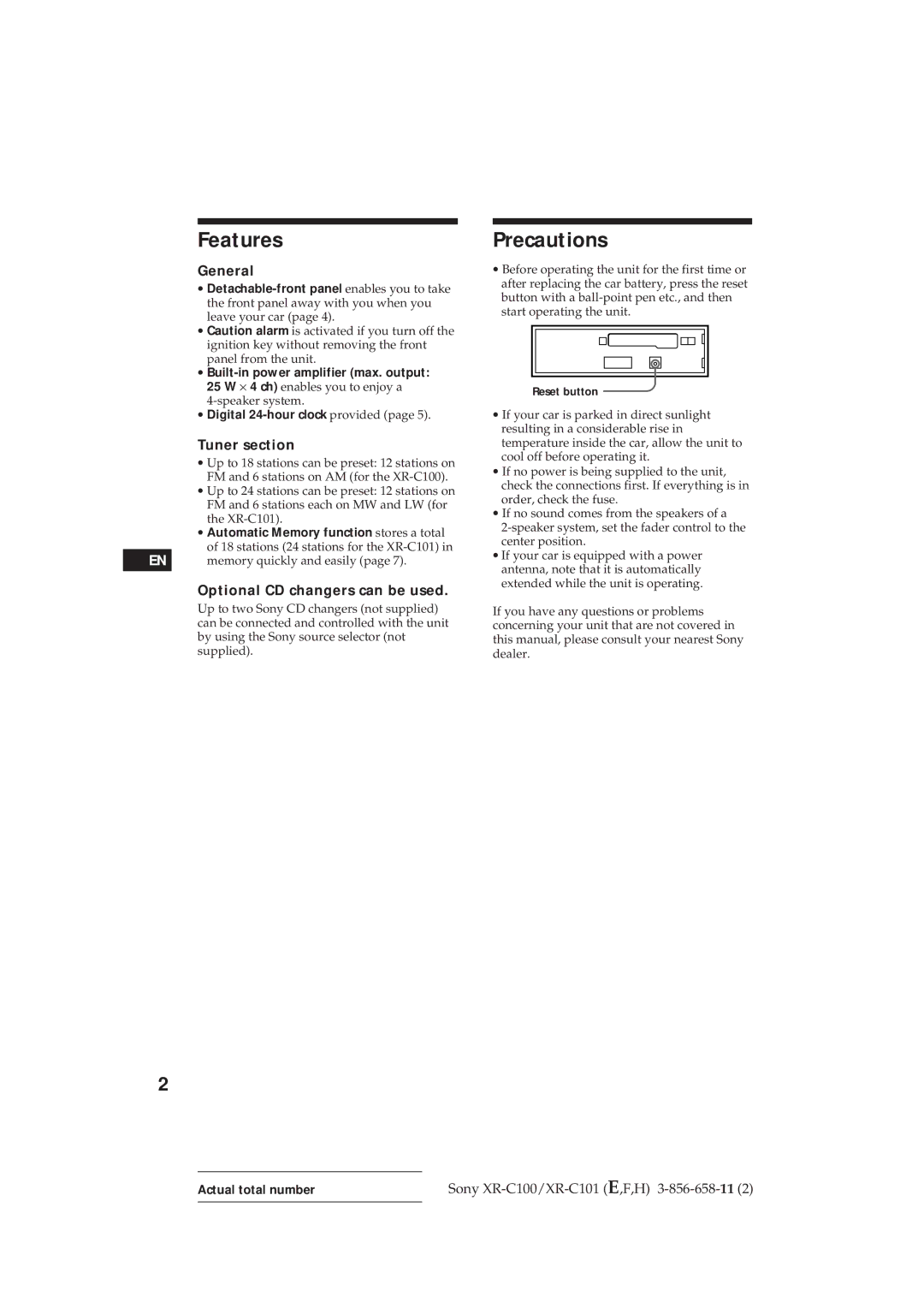 Sony XR-C101 operating instructions Features, Precautions, General, Tuner section, Optional CD changers can be used 