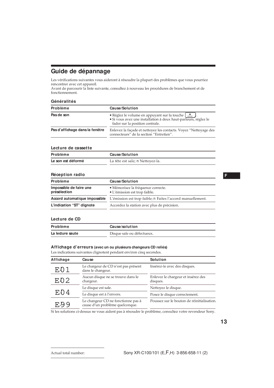 Sony XR-C101 operating instructions Guide de dépannage, Lecture de cassette, Réception radio, Lecture de CD 