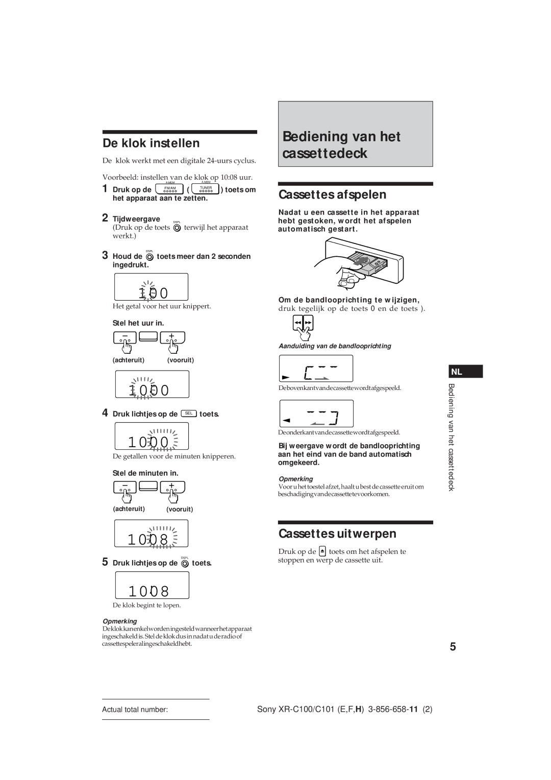 Sony XR-C101 Bediening van het cassettedeck, De klok instellen, Cassettes afspelen, Cassettes uitwerpen 