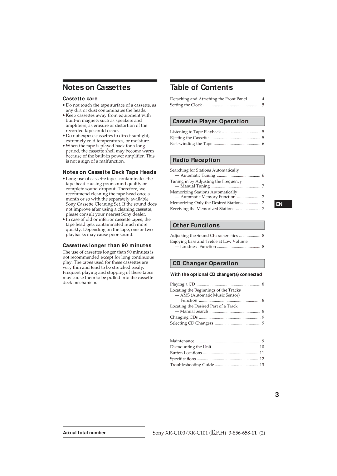 Sony XR-C101 operating instructions Table of Contents 