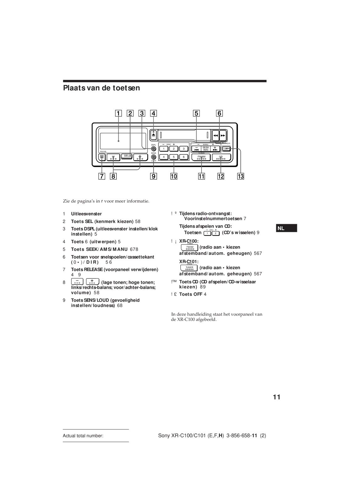 Sony XR-C101 operating instructions Plaats van de toetsen, Tijdens afspelen van CD, CD’s wisselen, Toetsen ¡ XR-C100 