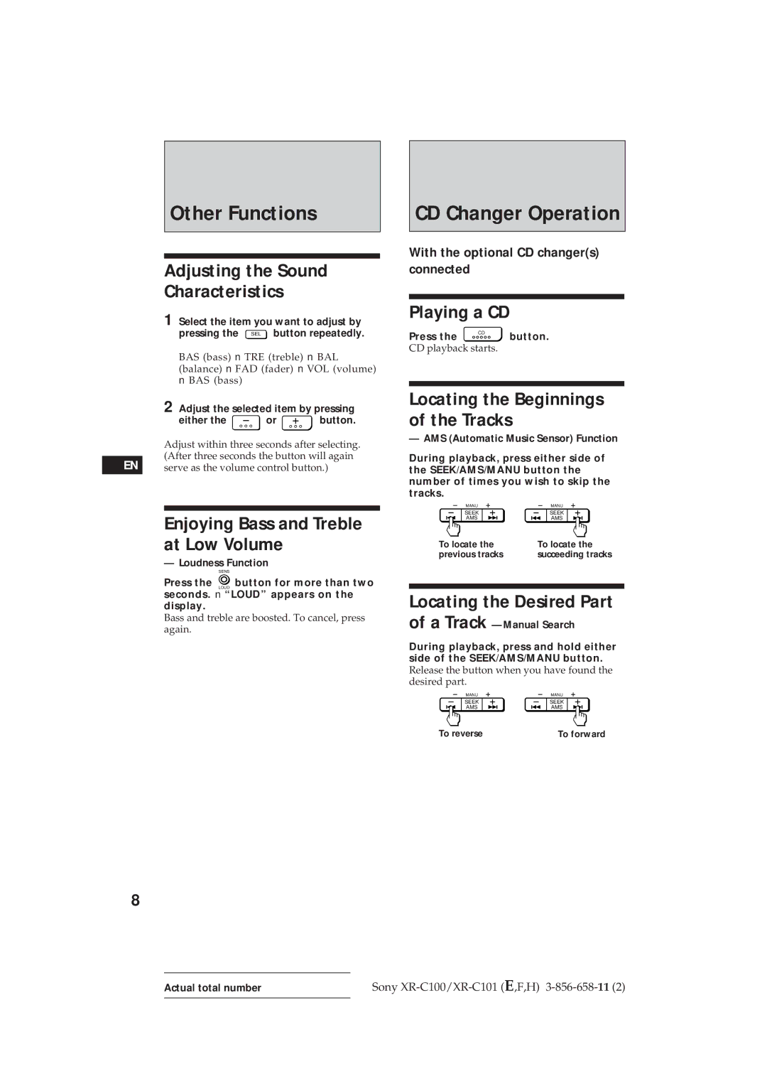 Sony XR-C101 operating instructions Other Functions, CD Changer Operation 