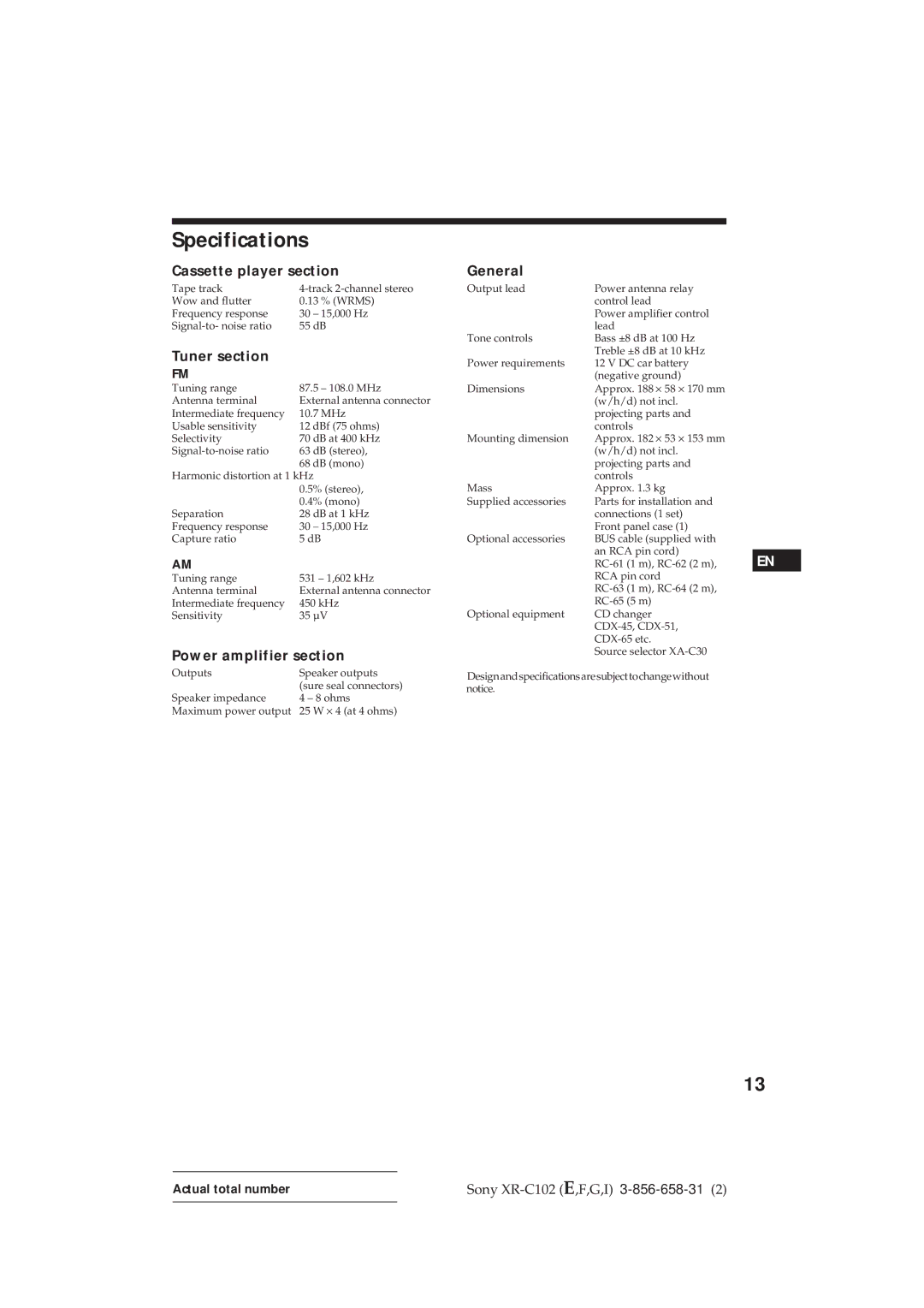 Sony XR-C102 operating instructions Specifications, Cassette player section, Power amplifier section 