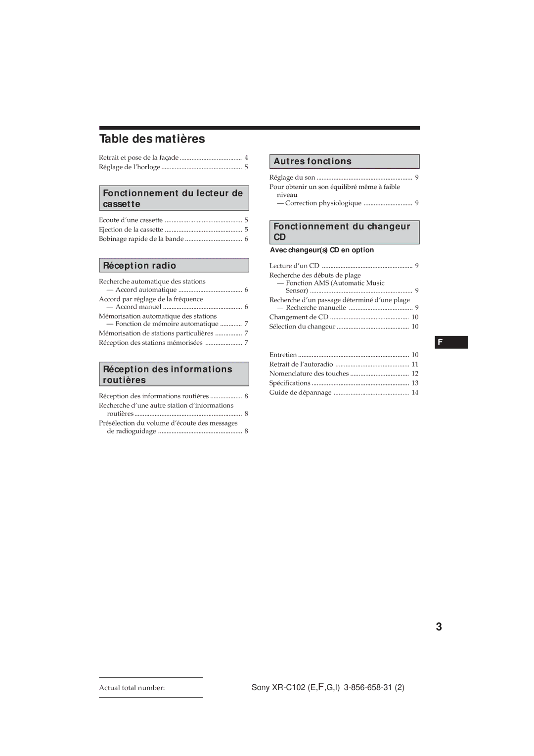 Sony XR-C102 operating instructions Table des matières, Avec changeurs CD en option 