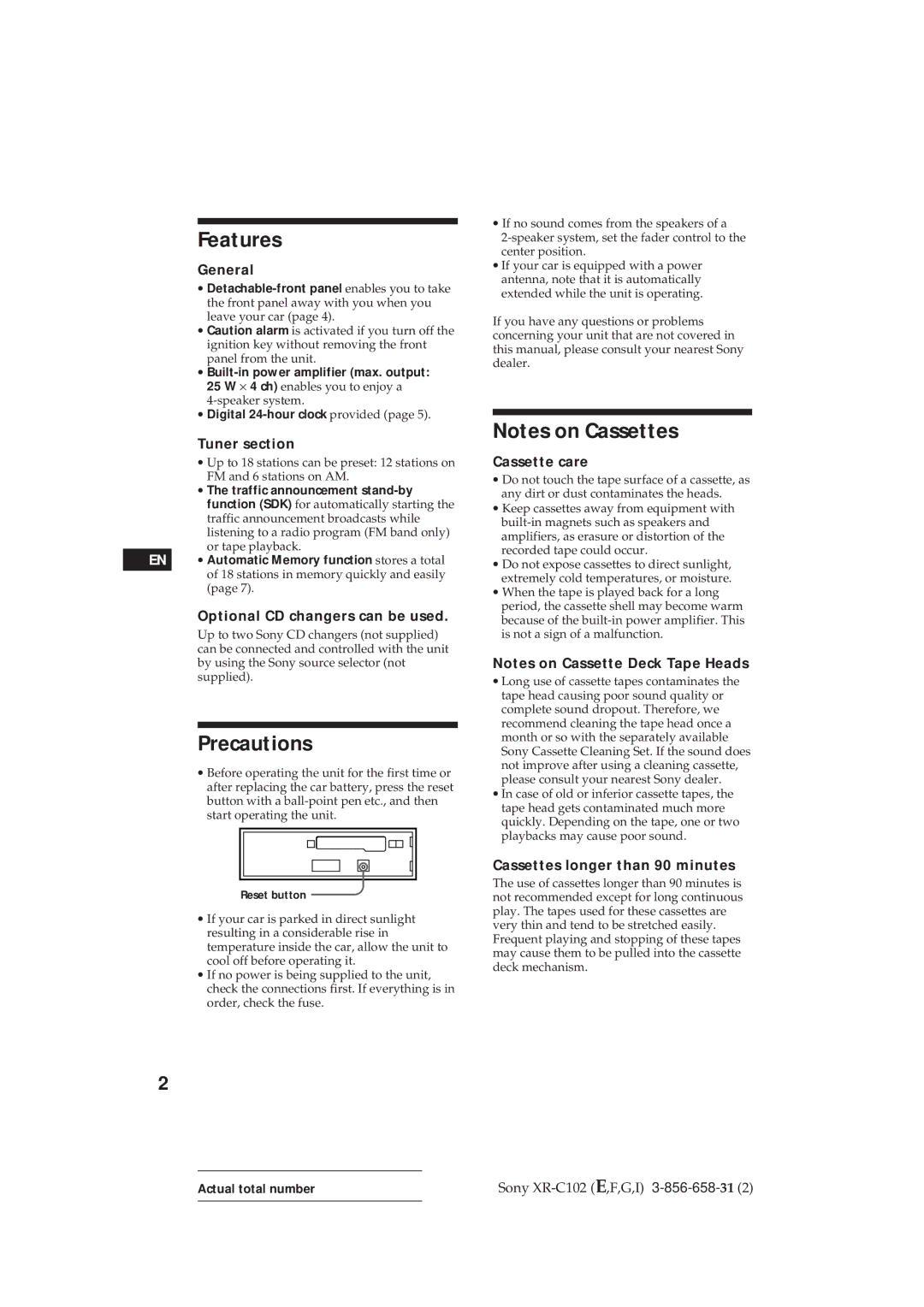 Sony XR-C102 operating instructions Features, Precautions 