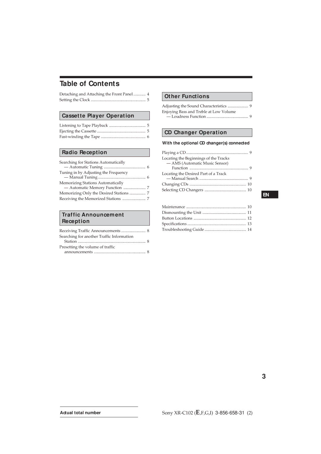 Sony XR-C102 operating instructions Table of Contents 