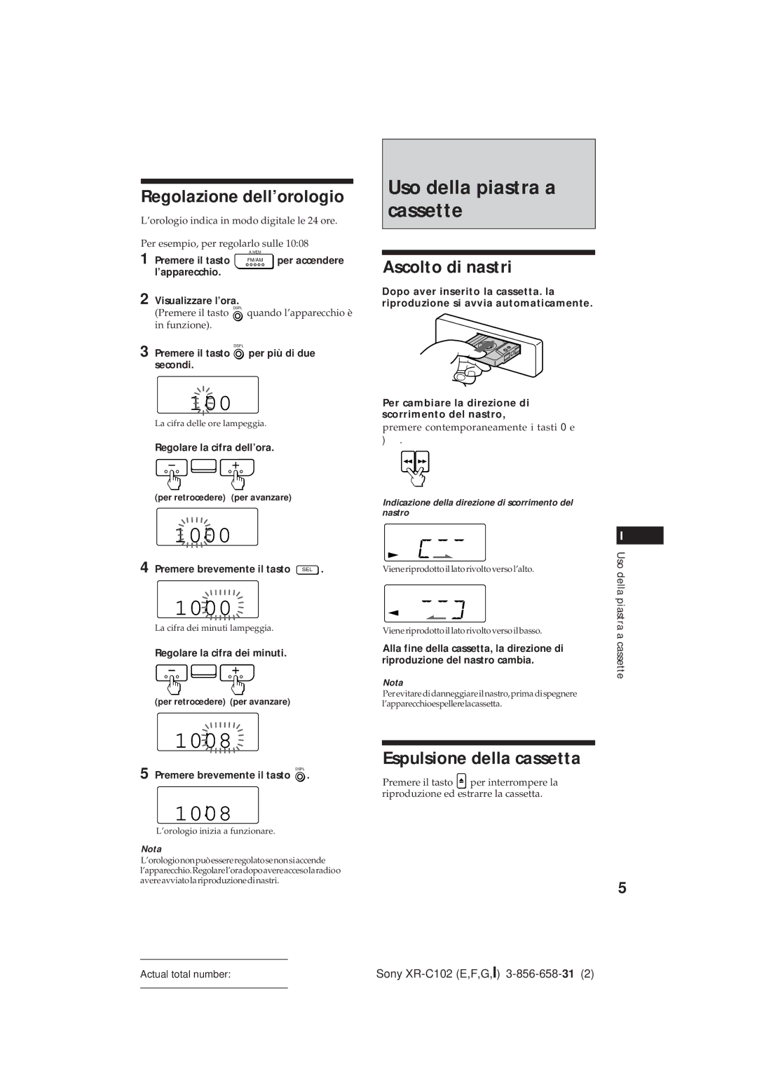 Sony XR-C102 Uso della piastra a cassette, Regolazione dell’orologio, Ascolto di nastri, Espulsione della cassetta 