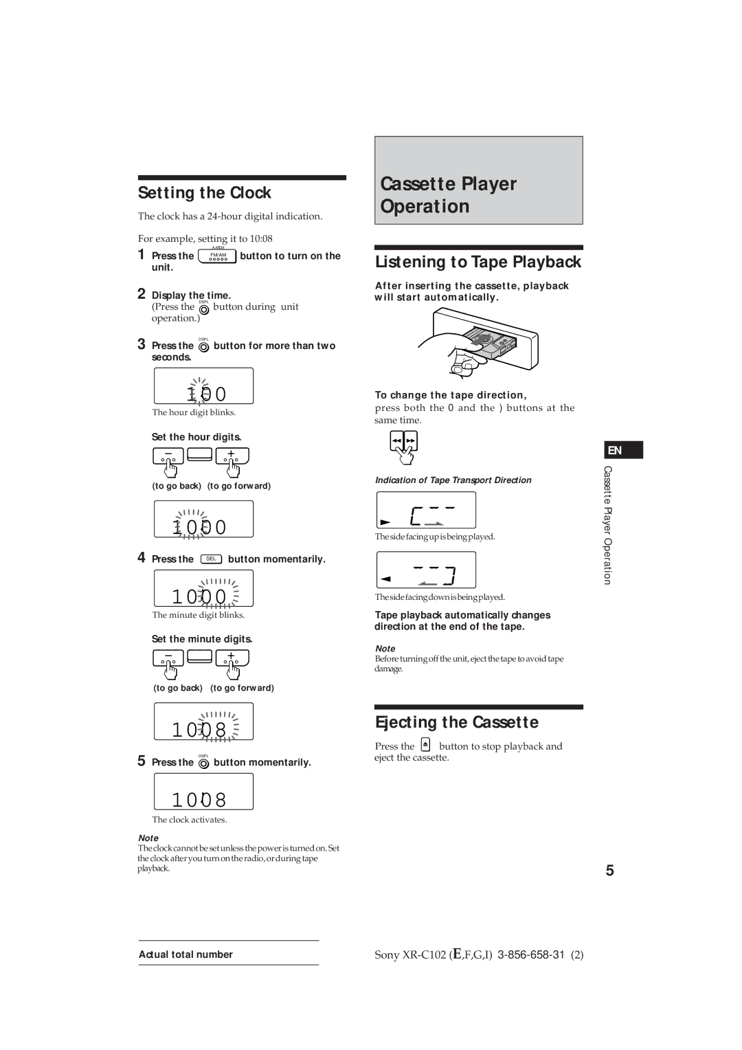 Sony XR-C102 operating instructions Cassette Player Operation, Setting the Clock, Ejecting the Cassette 