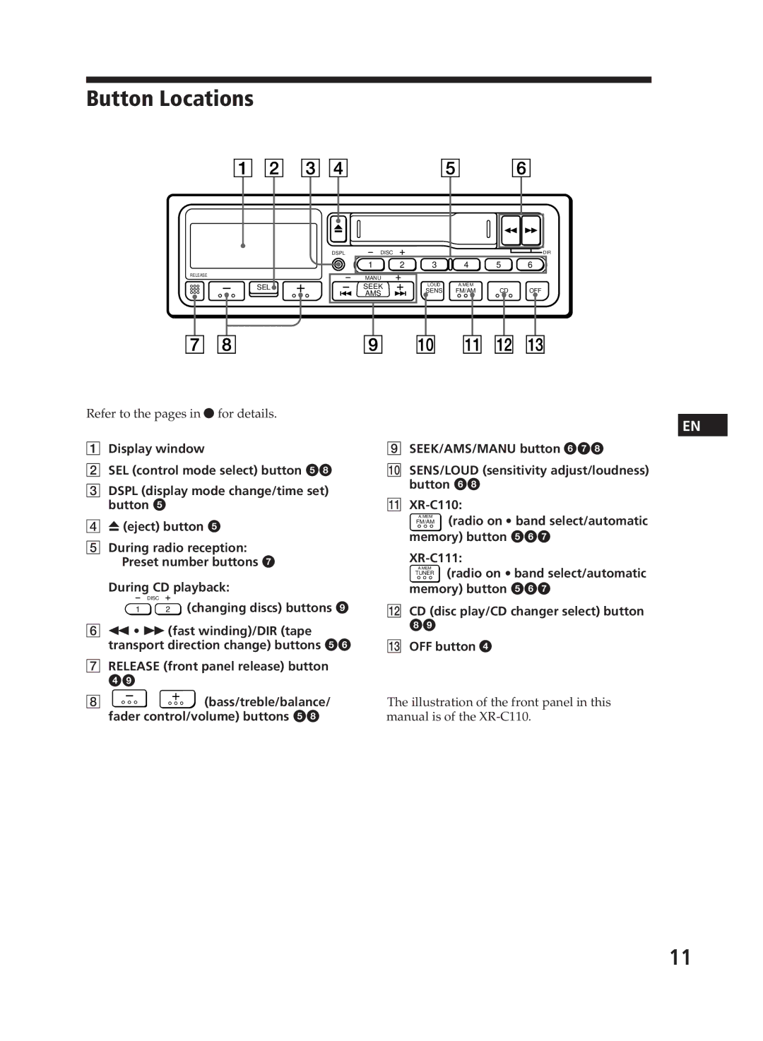 Sony XR-C110, XR-C111 operating instructions Button Locations, During CD playback, Memory button 