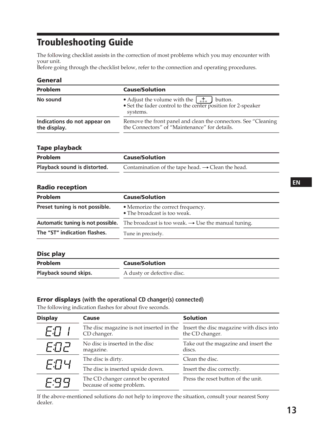 Sony XR-C110, XR-C111 operating instructions Troubleshooting Guide, Tape playback, Radio reception, Disc play 