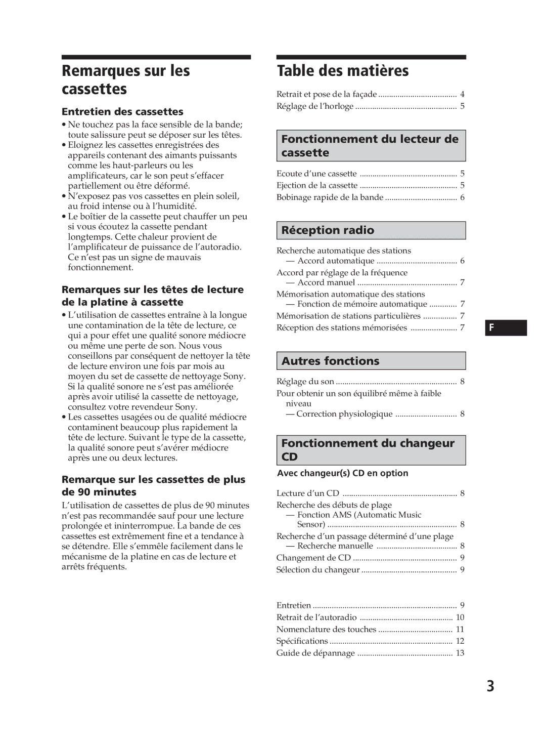 Sony XR-C110, XR-C111 operating instructions Remarques sur les cassettes, Table des matières, Entretien des cassettes 