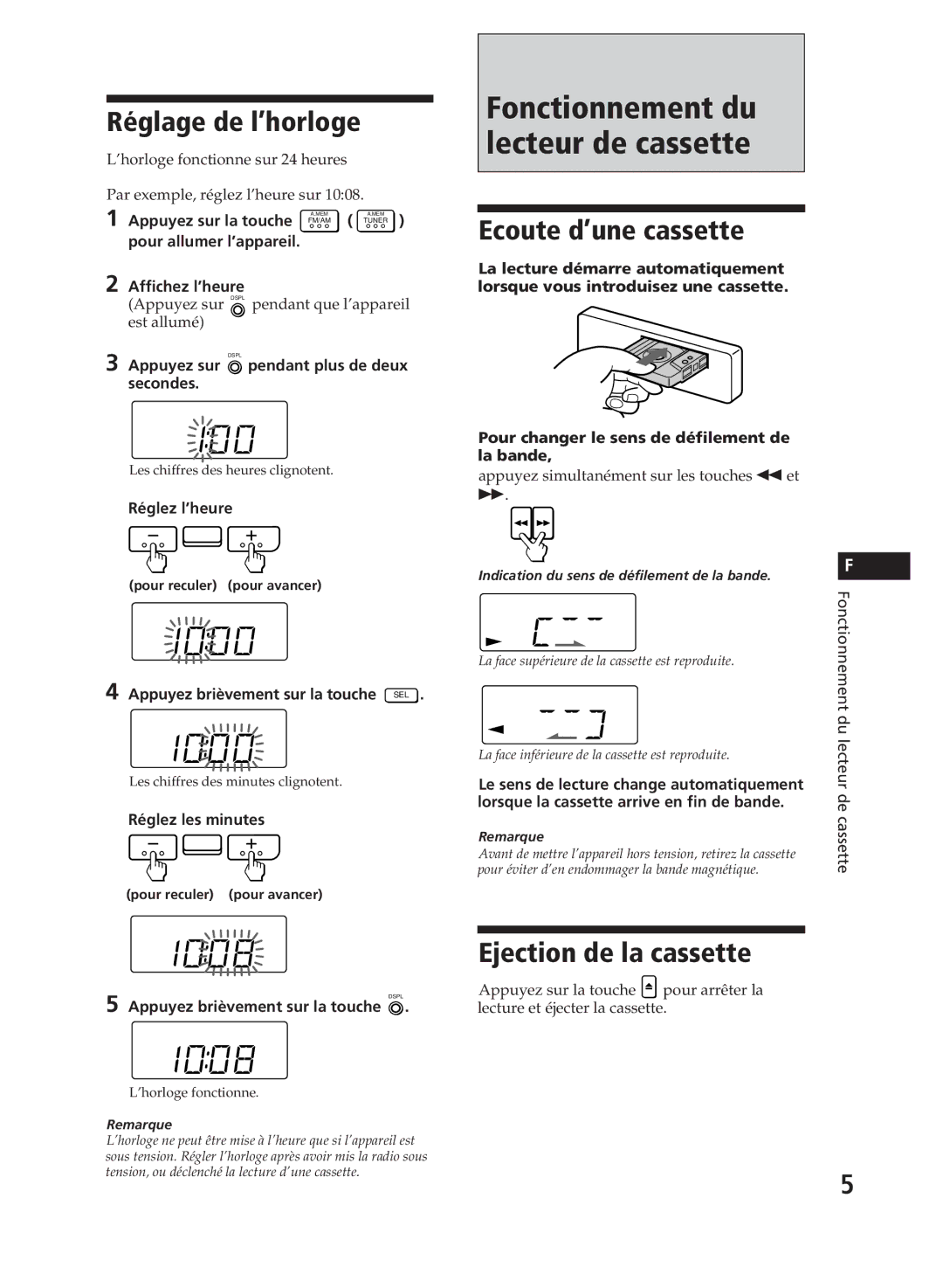 Sony XR-C110 Fonctionnement du, Lecteur de cassette, Réglage de l’horloge, Ecoute d’une cassette, Ejection de la cassette 