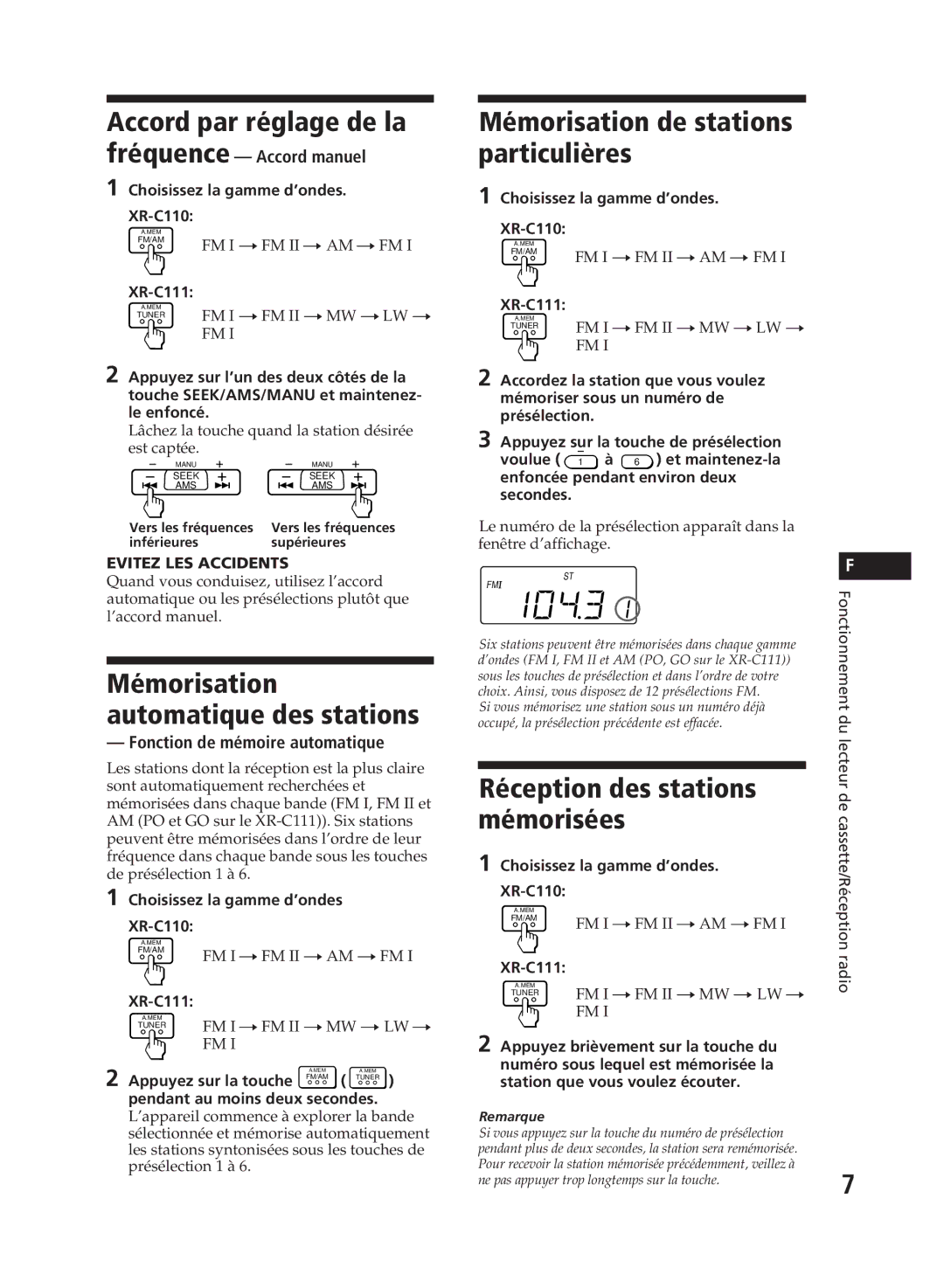 Sony XR-C110, XR-C111 Accord par réglage de la, Mémorisation de stations particulières, Réception des stations mémorisées 