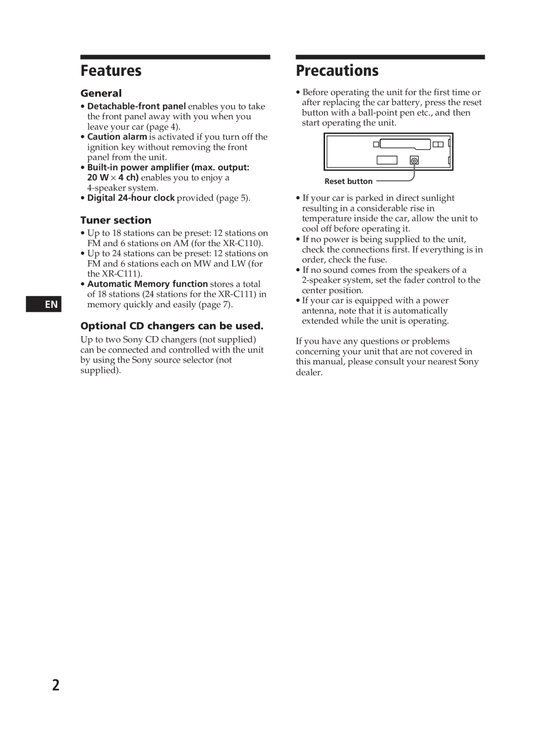 Sony XR-C111, XR-C110 operating instructions Features, Precautions, General, Tuner section, Optional CD changers can be used 