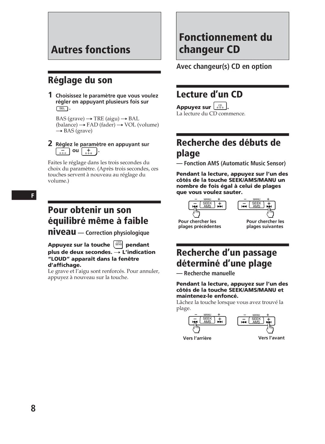 Sony XR-C111, XR-C110 Autres fonctions, Fonctionnement du changeur CD, Réglage du son, Lecture d’un CD 