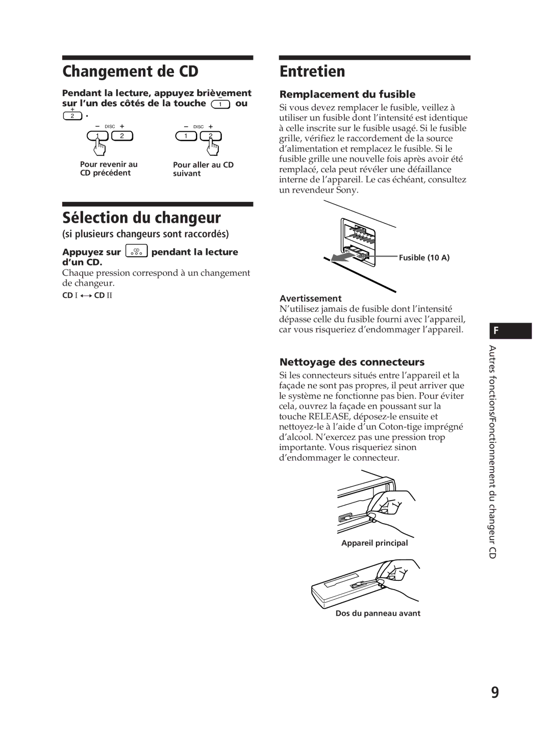 Sony XR-C110, XR-C111 operating instructions Changement de CD, Entretien, Sélection du changeur 