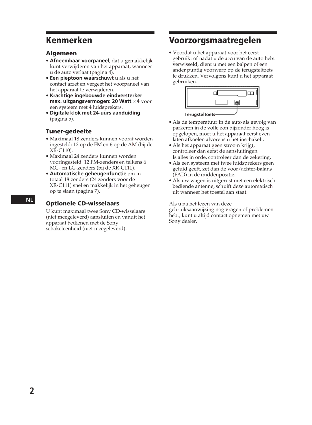 Sony XR-C111, XR-C110 Kenmerken, Voorzorgsmaatregelen, Algemeen, Tuner-gedeelte, Optionele CD-wisselaars 