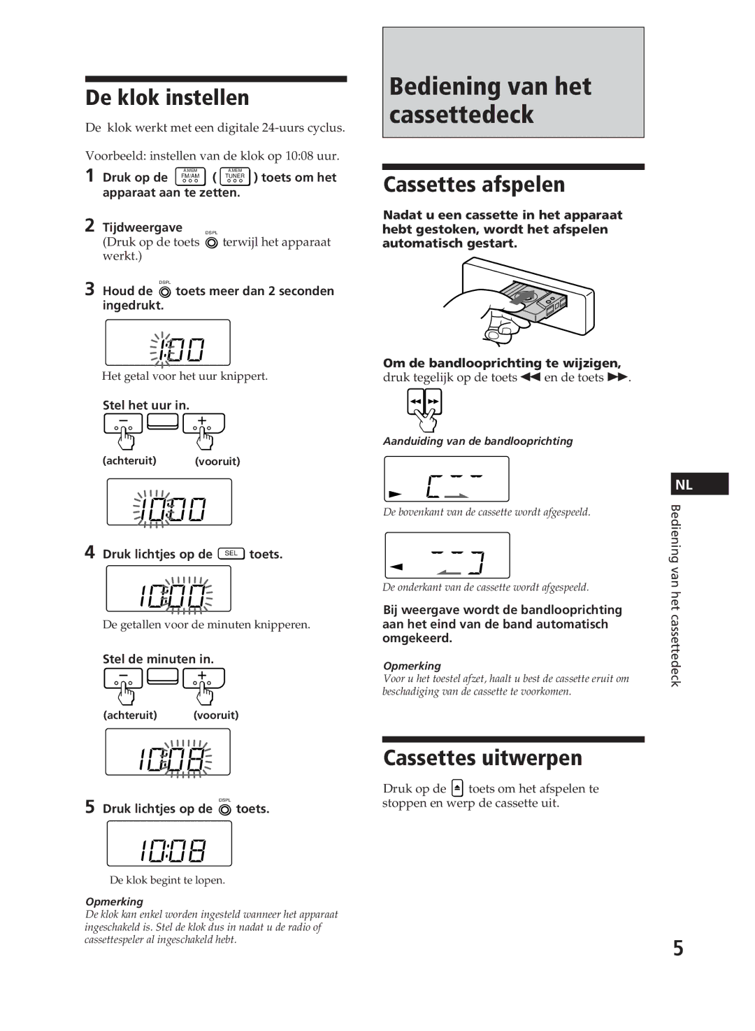 Sony XR-C110, XR-C111 Bediening van het cassettedeck, De klok instellen, Cassettes afspelen, Cassettes uitwerpen 