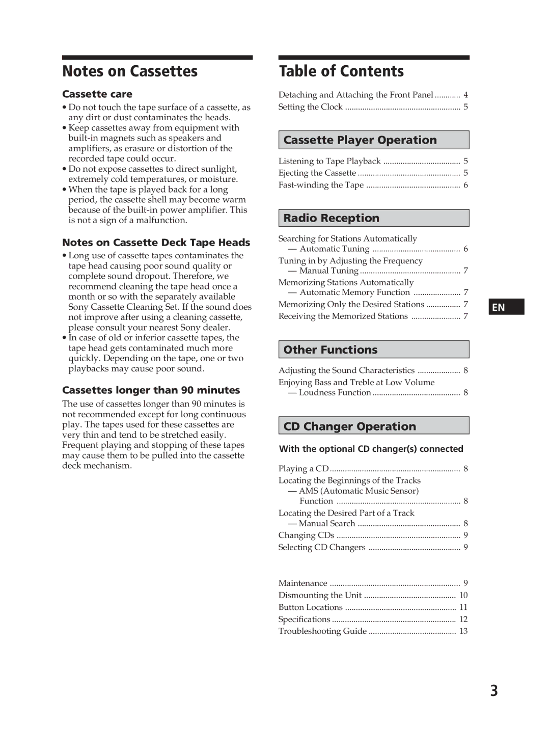 Sony XR-C110, XR-C111 operating instructions Table of Contents 