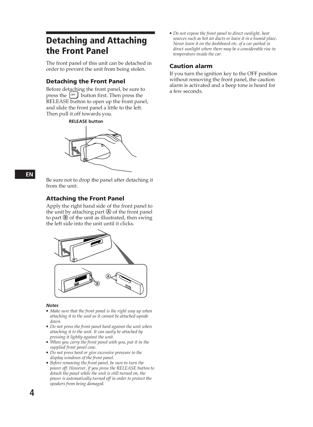 Sony XR-C111, XR-C110 operating instructions Detaching and Attaching the Front Panel, Detaching the Front Panel 