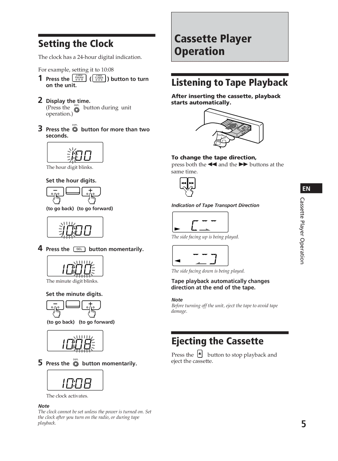 Sony XR-C110, XR-C111 operating instructions Cassette Player Operation, Setting the Clock, Ejecting the Cassette 