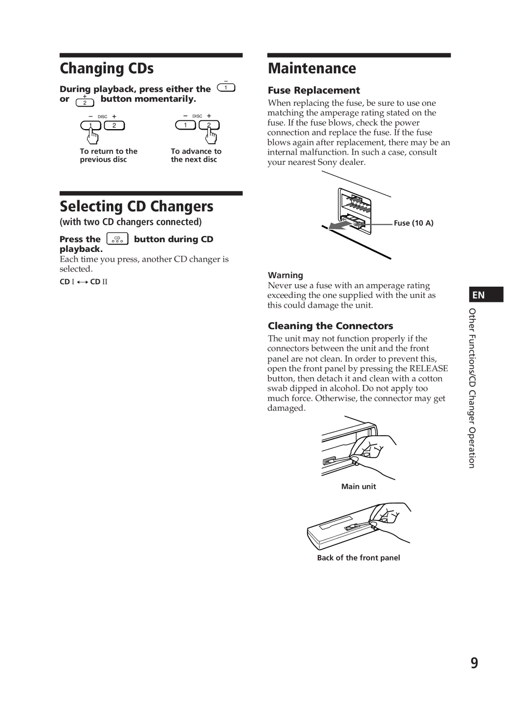 Sony XR-C110 Maintenance, Selecting CD Changers, Fuse Replacement, With two CD changers connected, Cleaning the Connectors 