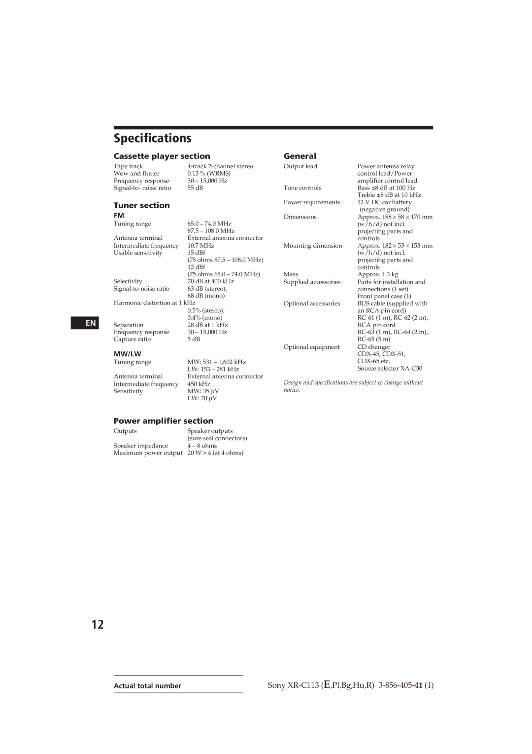 Sony XR-C113 operating instructions Specifications, Cassette player section, Power amplifier section 