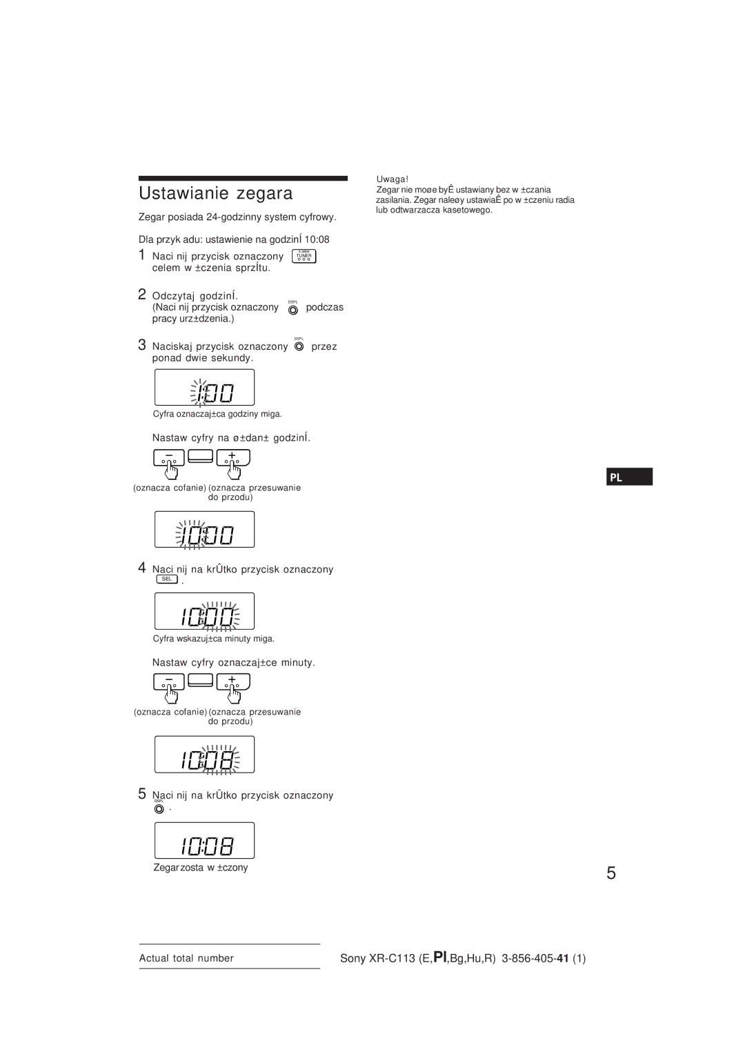 Sony XR-C113 operating instructions Ustawianie zegara 