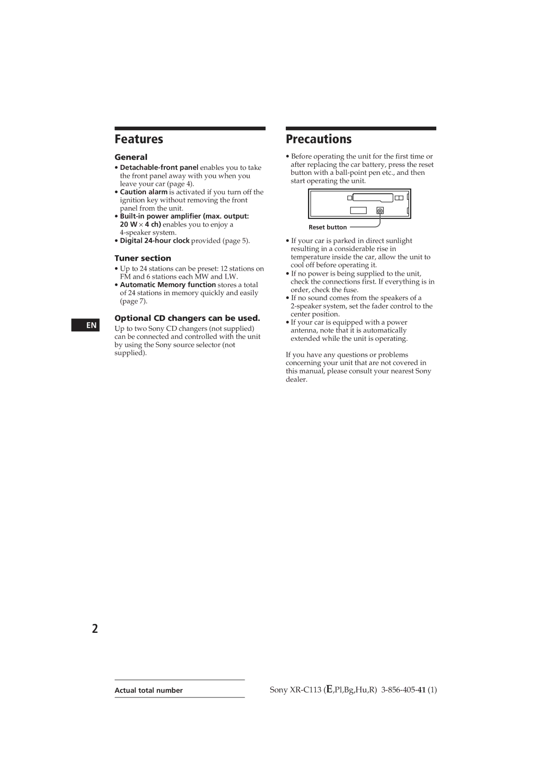 Sony XR-C113 operating instructions Features, Precautions, General, Tuner section, Optional CD changers can be used 