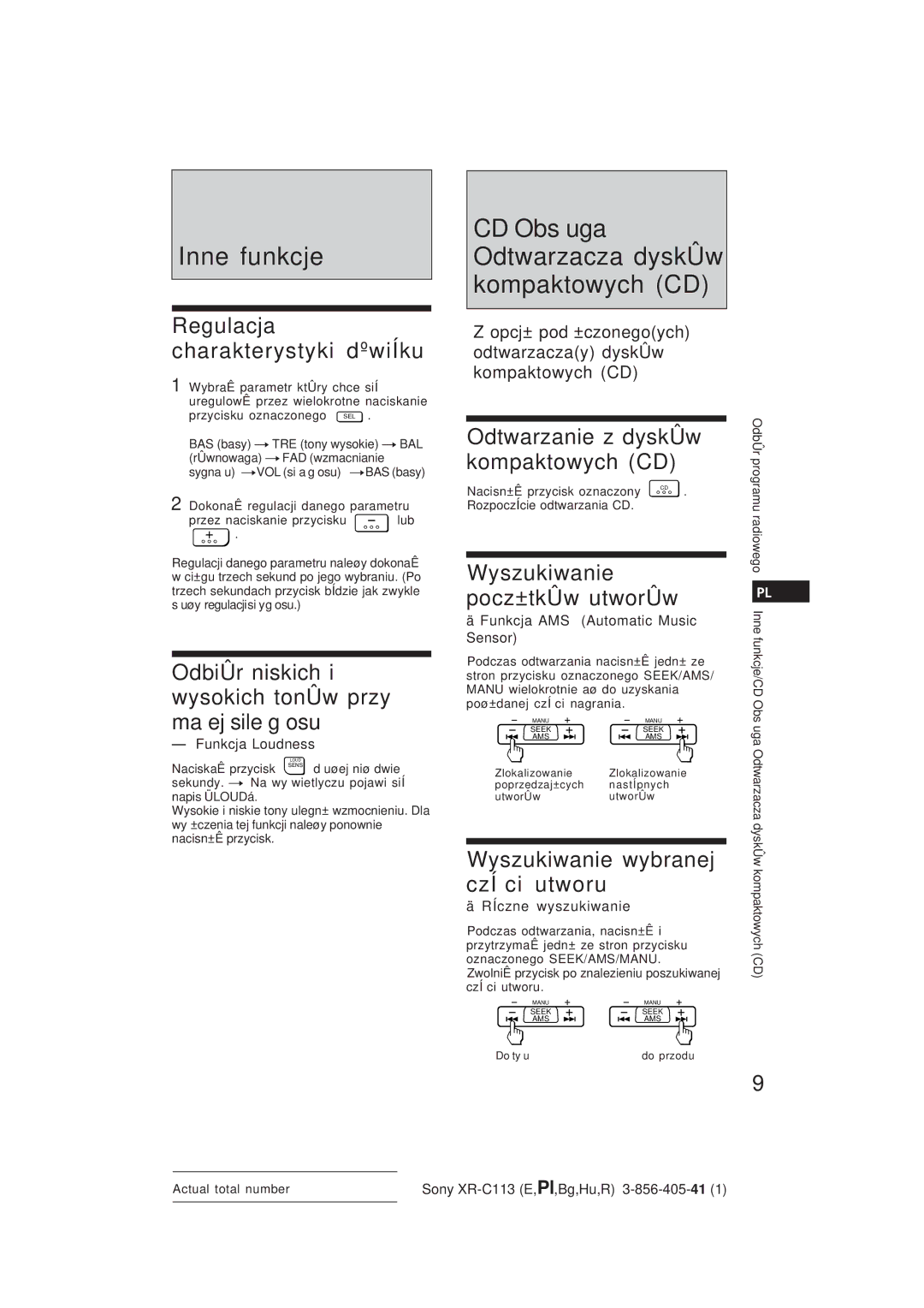 Sony XR-C113 operating instructions Inne funkcje, CD Obs uga Odtwarzacza dyskÛw kompaktowych CD 