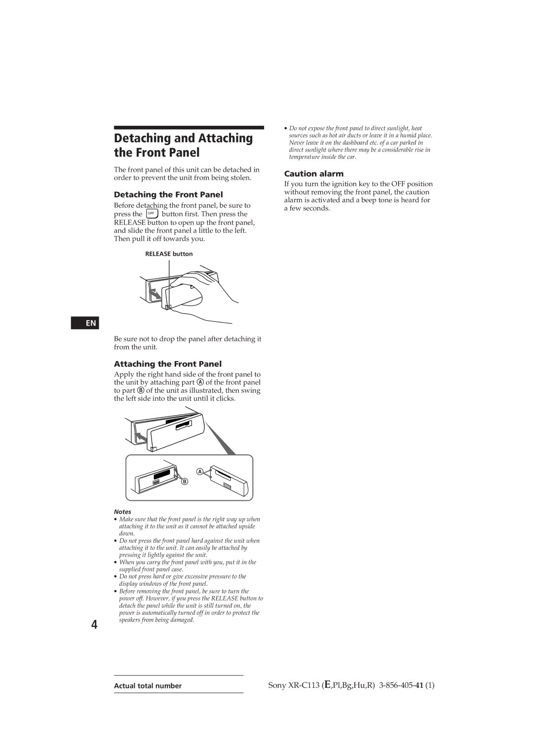 Sony XR-C113 operating instructions Detaching the Front Panel, Attaching the Front Panel 