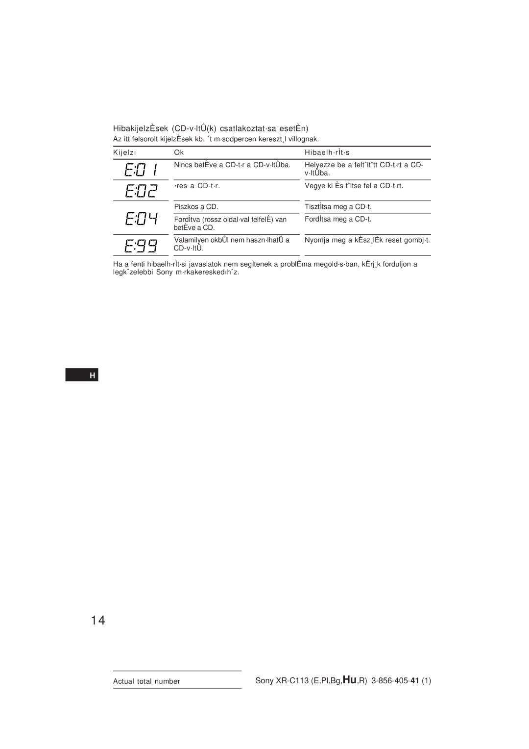 Sony XR-C113 operating instructions HibakijelzÈsek CD-v·ltÛk csatlakoztat·sa esetÈn 