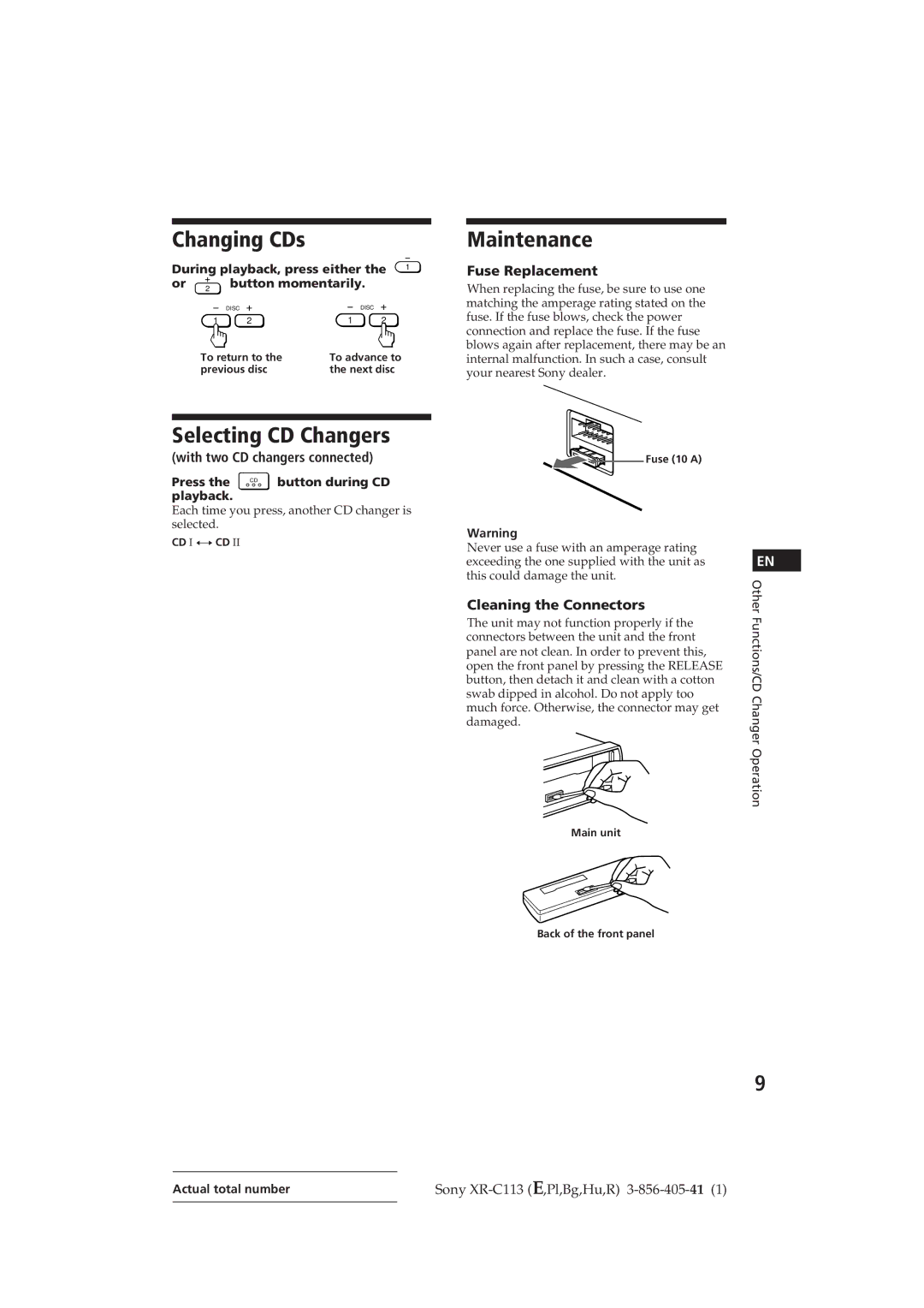 Sony XR-C113 Maintenance, Selecting CD Changers, Fuse Replacement, With two CD changers connected, Cleaning the Connectors 