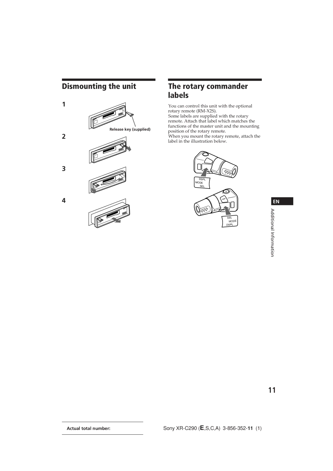 Sony XR-C290 manual Dismounting the unit, Rotary commander labels 