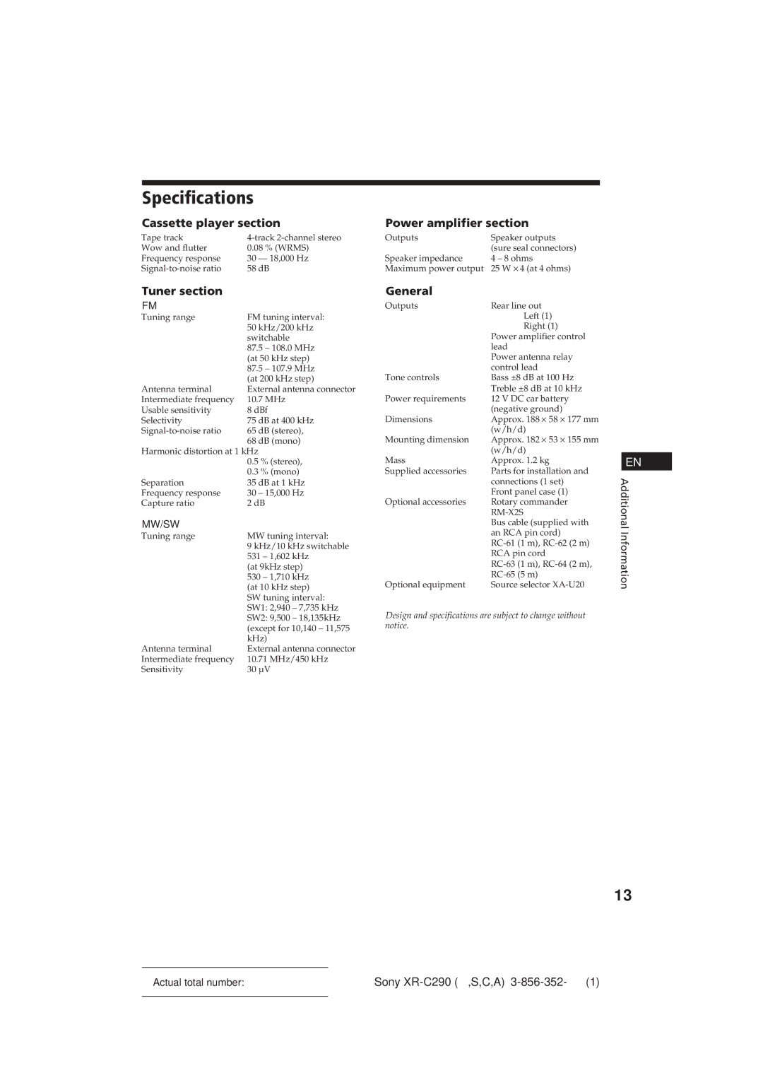 Sony XR-C290 manual Specifications, Cassette player section, Tuner section, Power amplifier section, General 