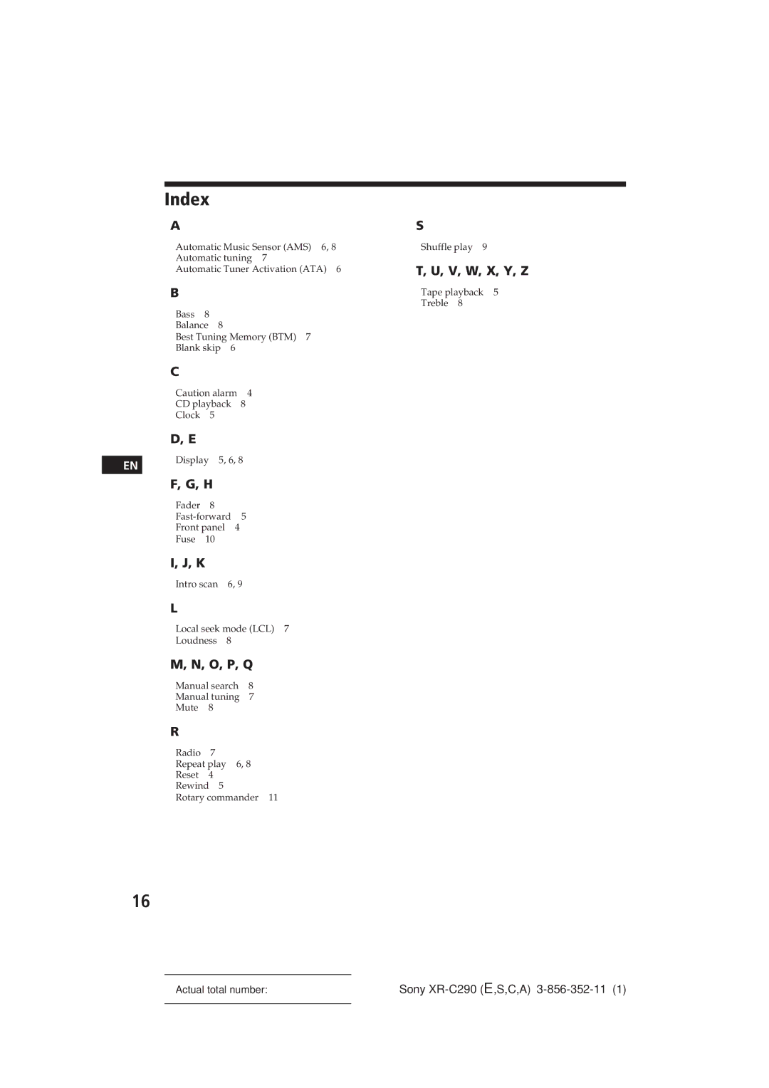 Sony XR-C290 manual Index, V, W, X, Y, Z 