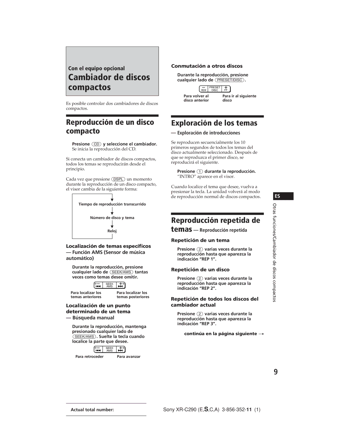 Sony XR-C290 manual Cambiador de discos compactos, Reproducción de un disco compacto, Exploración de los temas 