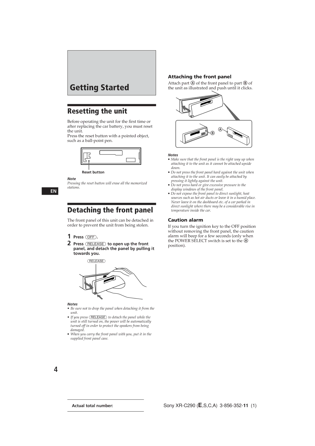 Sony XR-C290 manual Getting Started, Resetting the unit, Detaching the front panel, Attaching the front panel 