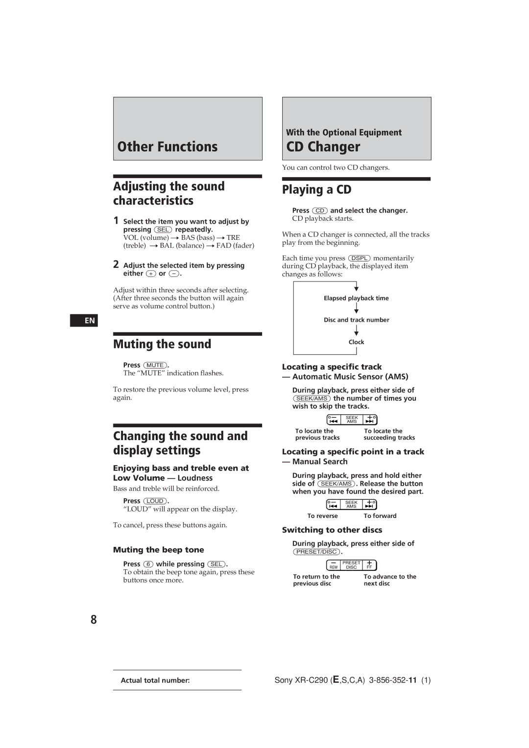 Sony XR-C290 manual Other Functions, CD Changer, Muting the sound, Changing the sound and display settings, Playing a CD 