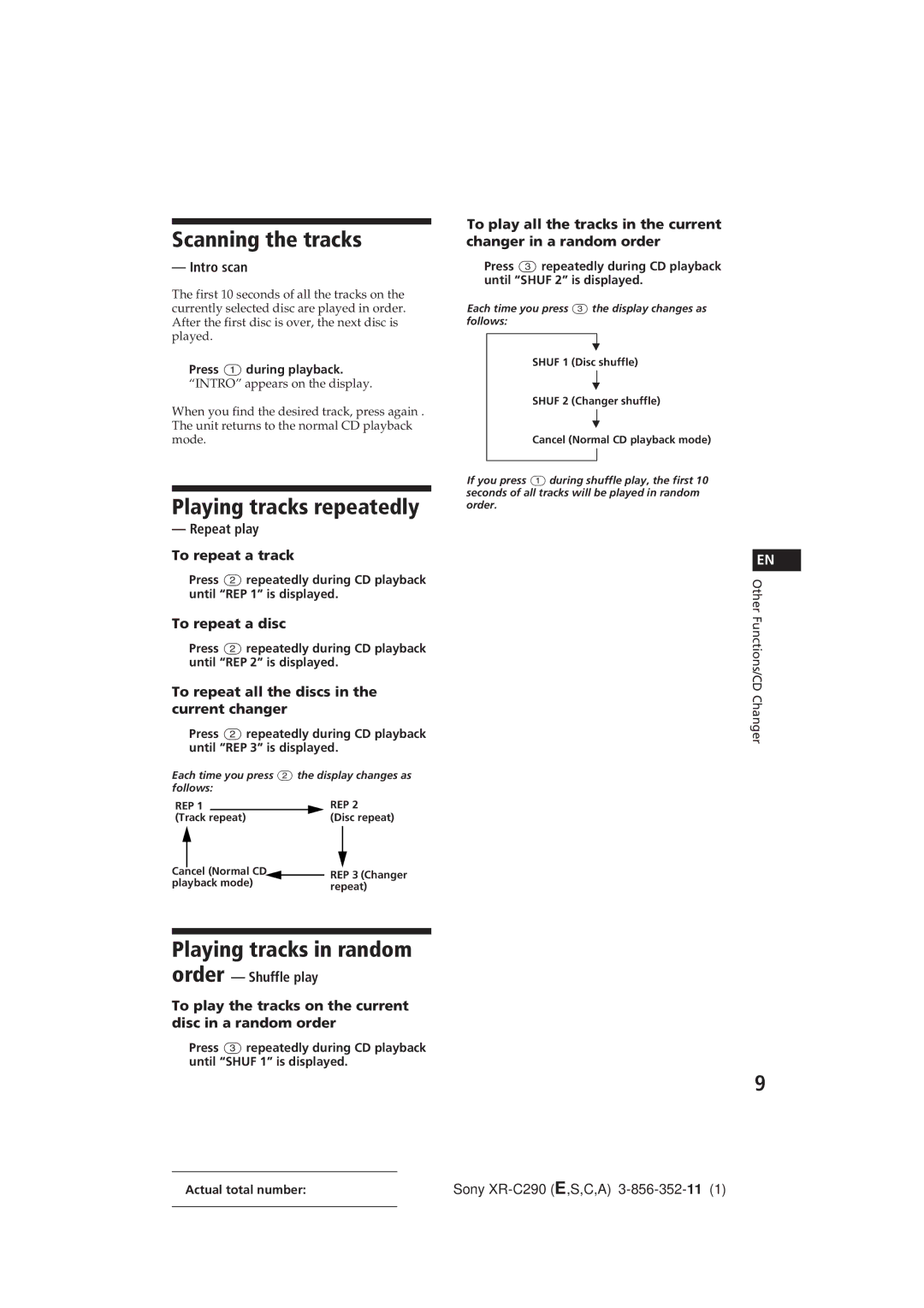 Sony XR-C290 manual Scanning the tracks, Playing tracks repeatedly, Playing tracks in random 