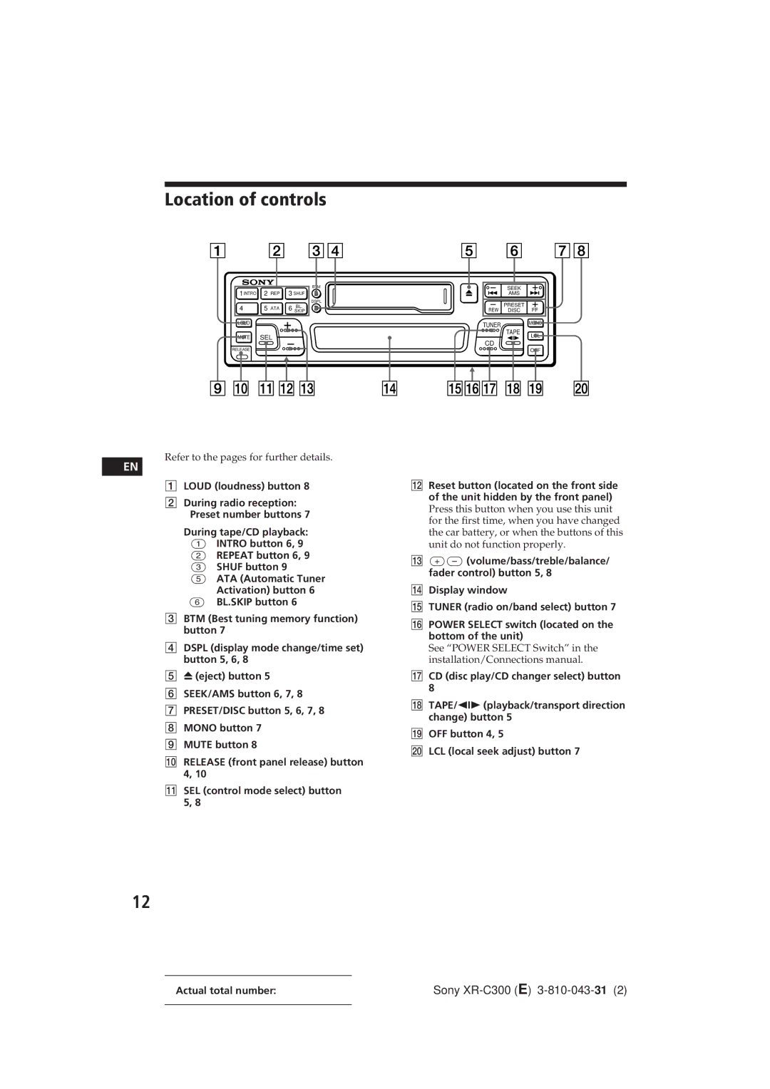 Sony XR-C300 operating instructions Location of controls, Loud loudness button 