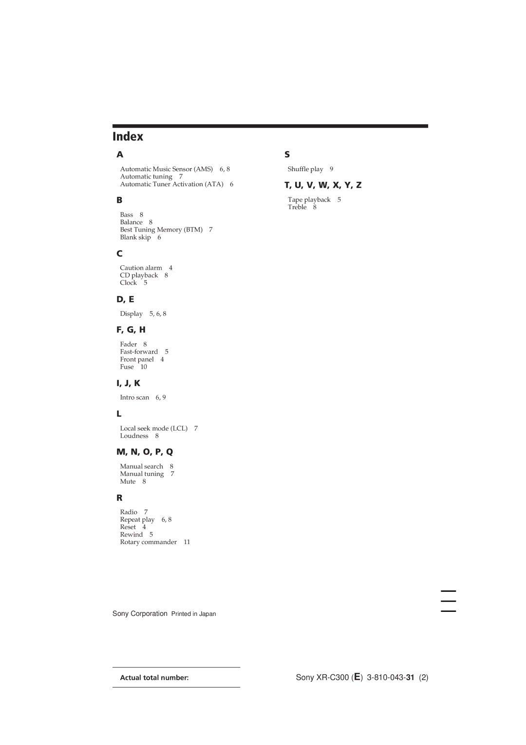 Sony XR-C300 operating instructions Index, V, W, X, Y, Z 